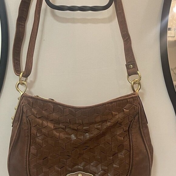Elliott Lucca Brown Woven Leather Crossbody Bag Gold Chain Metal Strap Classic - Picture 1 of 14